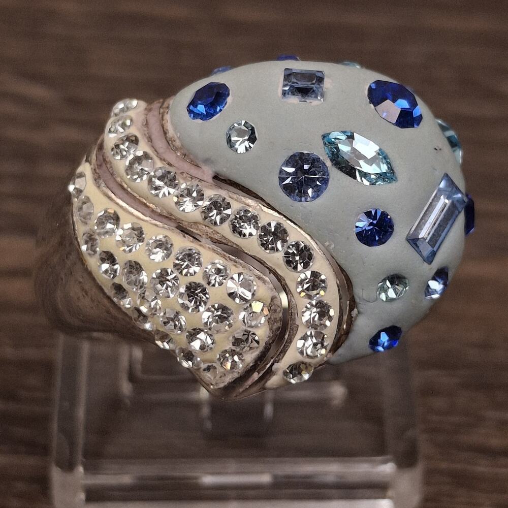 TN 925 Sterling Silver Blue Enamel Multi Gemstone Crystal Dome Ring Size 8